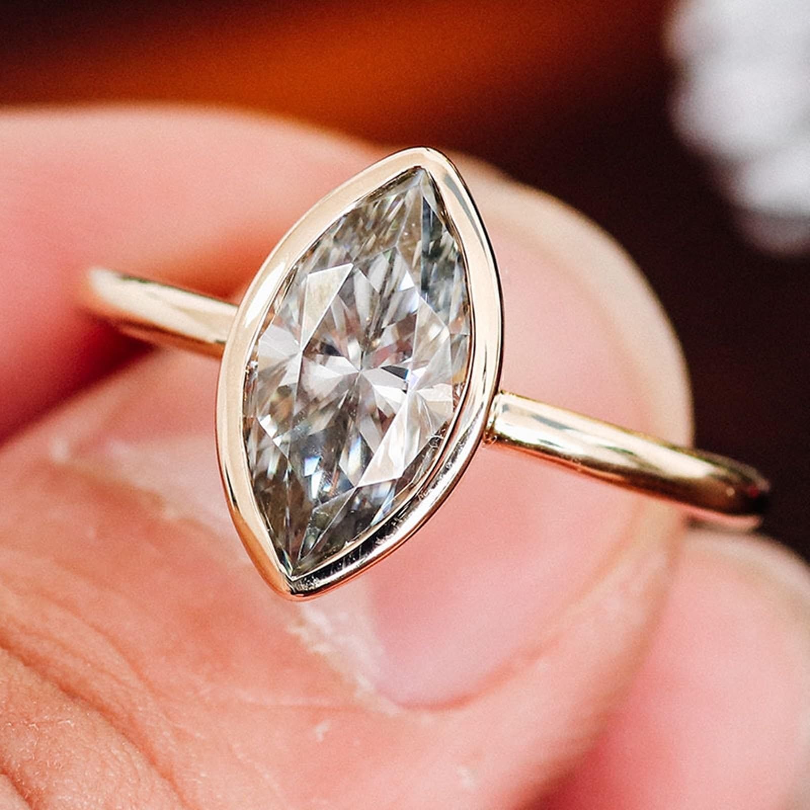 KnSam Verlobungsring 9K/14K/18K Gold, Klassiker Zierlich Eheringe mit 2ct Moissanit Marquise Hell Grau, Gelbgold Au375/ 585/750 Freundschaftsringe Pärchen Ringe Echt Gold Schmuck, Gr.47-62