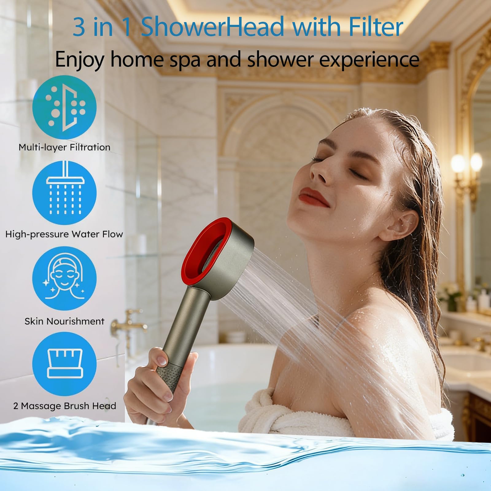 Alcachofa de ducha con filtro de carbón activo, cabezal de ducha de masaje de alta presión, 3 en 1, antical, elimina el cloro residual de agua dura y metales pesados + accesorios (rosa, filtro)