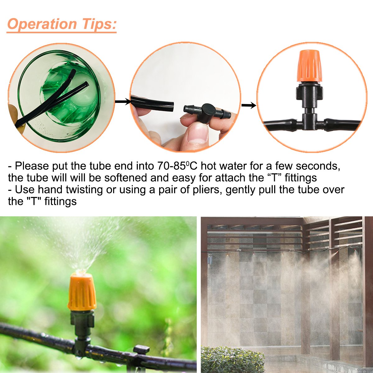 Outdoor Misting Cooling System Kit, Drip Irrigation Watering Kits, Great for Summer Mister Cooling and Plants Watering, 49FT (15M) Misting Line + 20PCS Adjustable Misting Nozzles + 1PC Quick Adapter