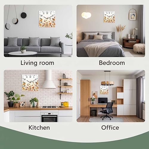 Miniatura 8 de Reloj de pared de madera con diseño de flores silvestres otoñales, silencioso, sin tictac, con pájaros botánicos naranjas, funciona con pilas, reloj
