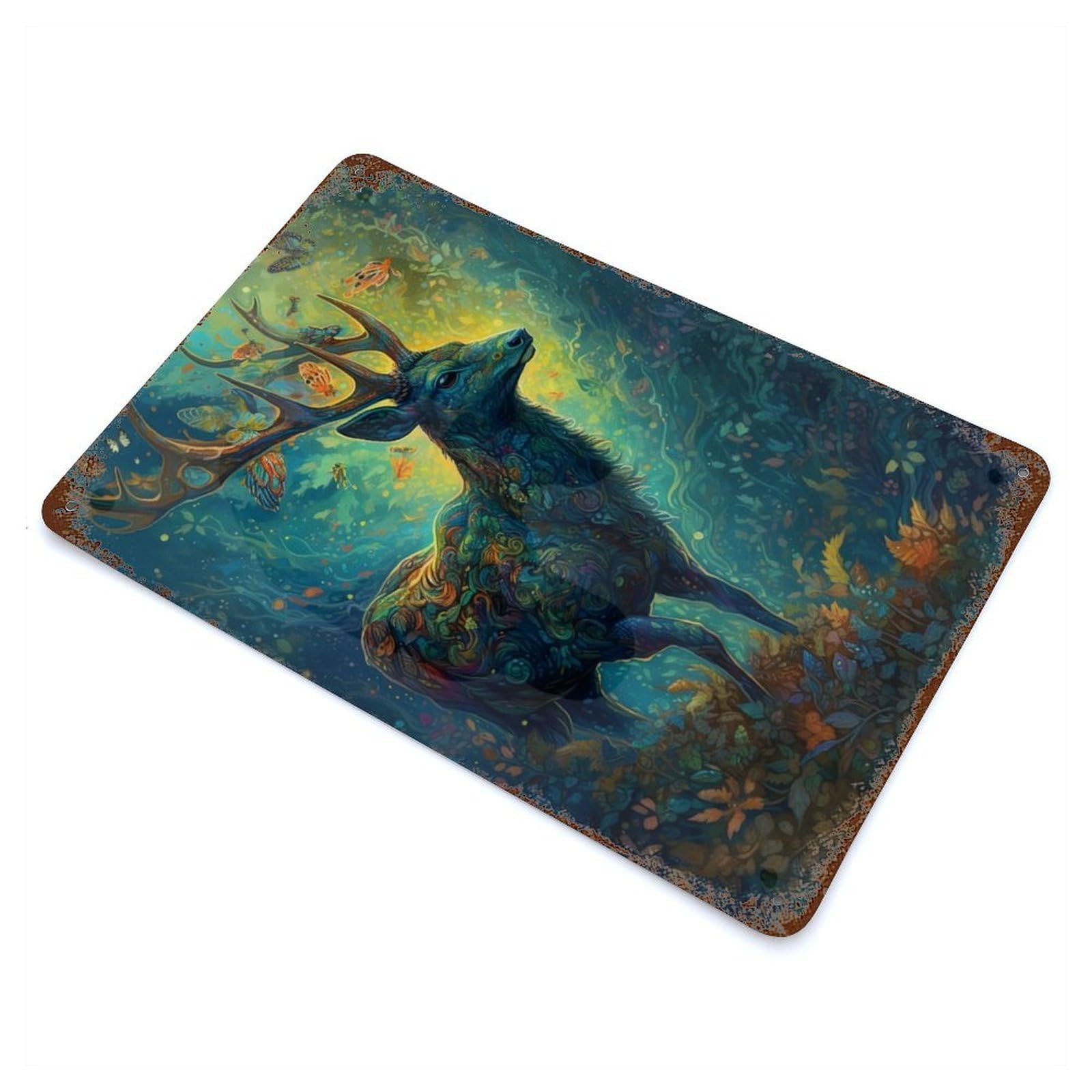 Deer Floral Aged Metal Wall Plaque 11.8"x7.9", Ideal for Garage, Bar And Workshop Decor