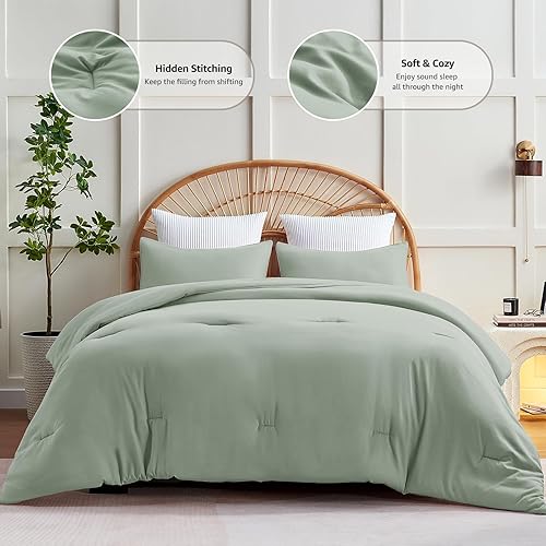 Miniatura 2 de CozyLux Juego de edredón verde salvia, tamaño King, juego de ropa de cama de 3 piezas de estilo acolchado transpirable, edredón de microfibra suave