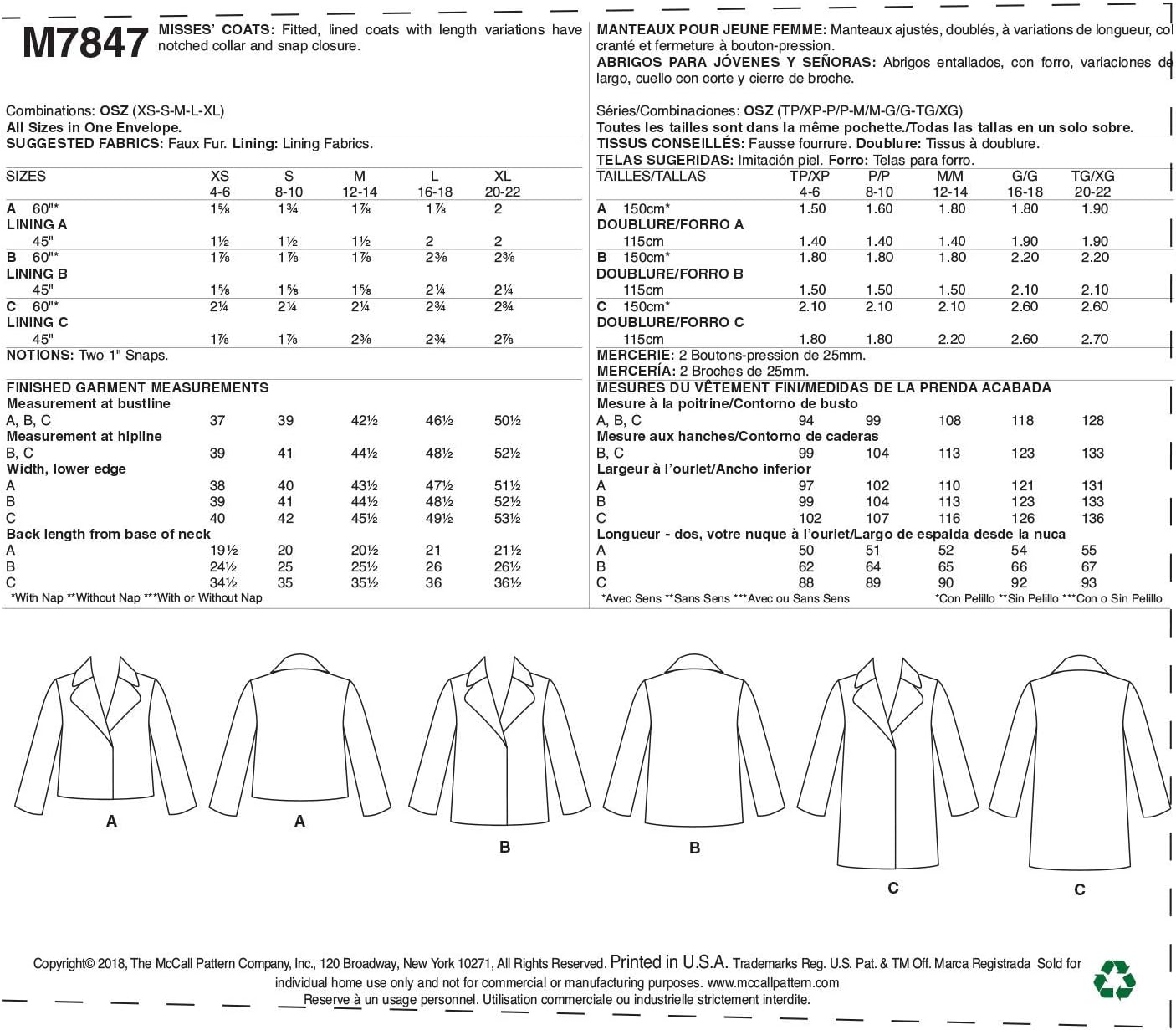 McCall Pattern McCall's Learn Women's Waist and Thigh Length Coat, Sizes Sewing Pattern, Xs-s-m-l-xl