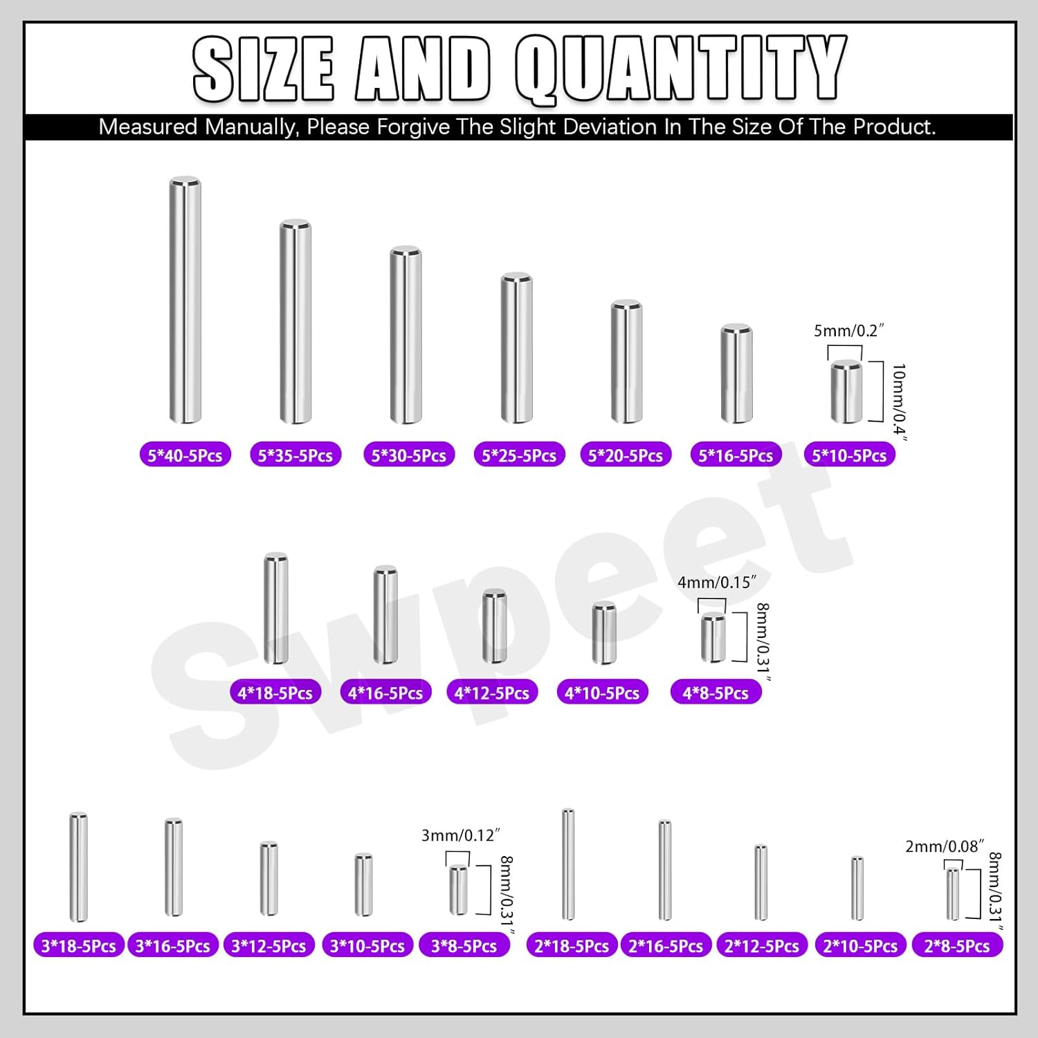 Swpeet 110Pcs 304 Stainless Steel M2/M3/M4/M5 Dowel Pins Assortment Kit - Metric Cylindrical Pins for Shelf Support, Furniture Assembly & Industrial Maintenance ( Includes Storage Box)