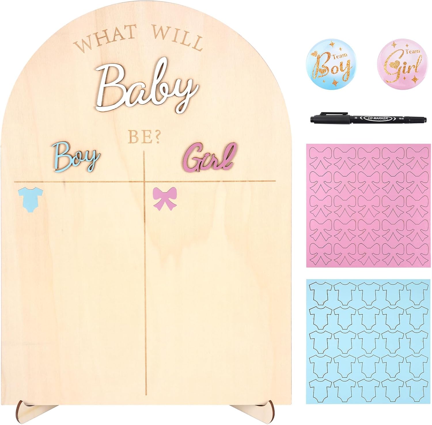 Wooden Gender Reveal Voting Board with Stand - Fun 'He or She' Guessing Game Sign & Colorful Voting Tokens for Baby Shower Parties - Includes Team Boy & Team Girl Pins