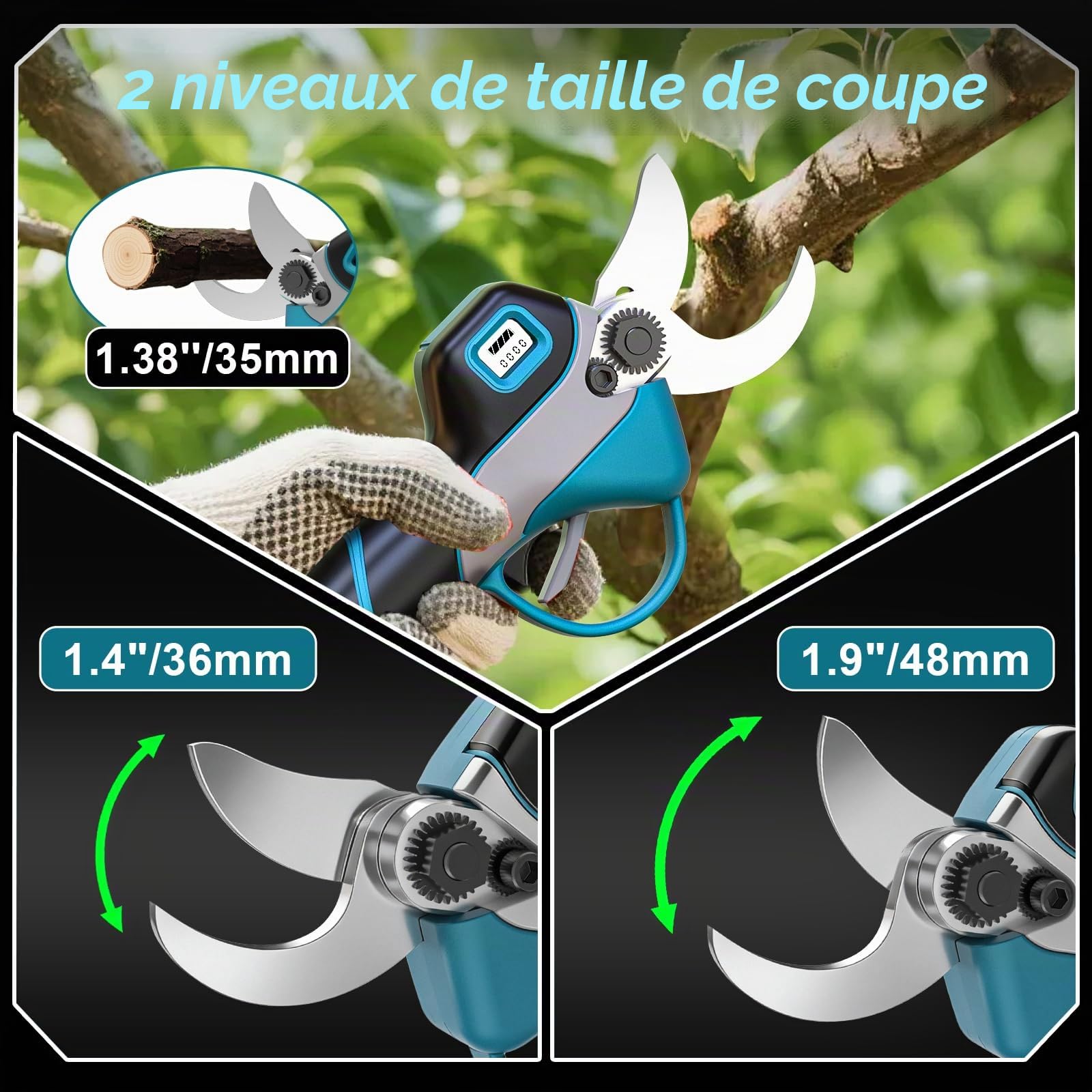 Sécateur Électrique Avec Perche, Moteur Brushless, Portée Totale 4,2 m, 2-en-1 Secateur Electrique Sans Fil avec 3 paires Lame SK5 et 2x2.0 Ah Batteries, pour Jardinage, Ferme, Arbres Fruitiers