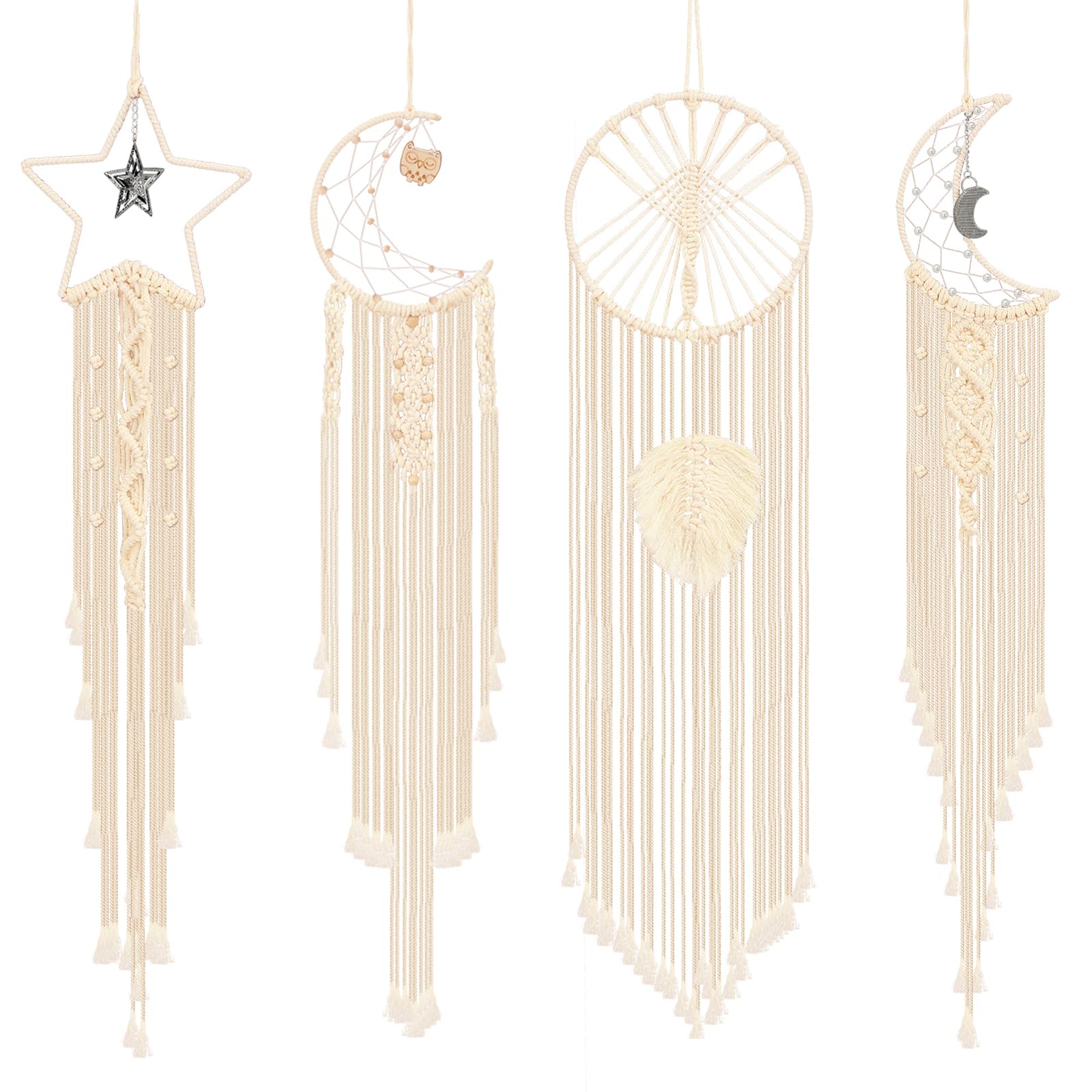 Lyrow 4 Pcs Star Moon Dream Catcher Boho Owl Crescent Leaf Macrame Woven Wall Hanging with Long Tassel Handmade Tapestry Bedroom Wall Decor Macrame Wall Hanging Dreamcatcher for Girl Women Boy Gift