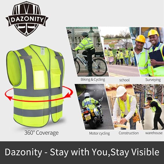 Dazonity High Visibility Safety Vest with Multi Pockets and Zipper, 20pcs,XL, Fit for Men & Women, Work, Construction,Cycling, Runnning, Surveyor, Volunteer