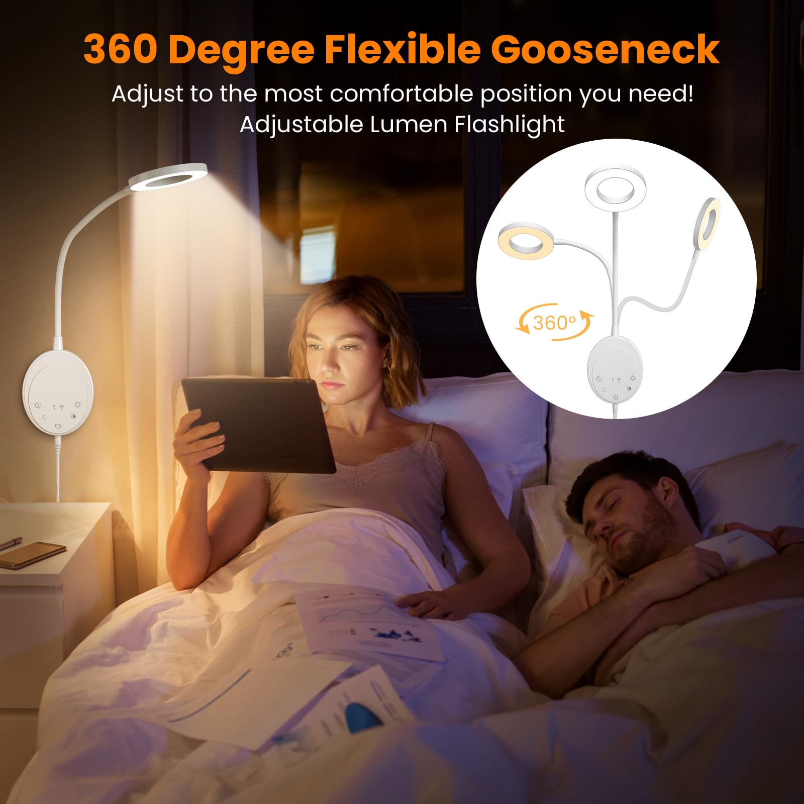 Naścienna lampka do czytania, lampki nocne z 5 temperaturami barwowymi i 5 ściemnianiami, elastyczna szyja 360°, wyjście USB, lampka nocna i funkcja timera