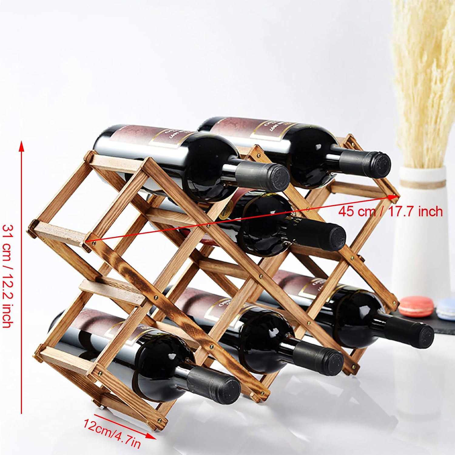 Greensen Wood Wine Rack Display Shelf, Collapsible Wooden Wine Holder for 10 Bottles, Elegant Accordion Design for Kitchen, Dining, Living Room Use