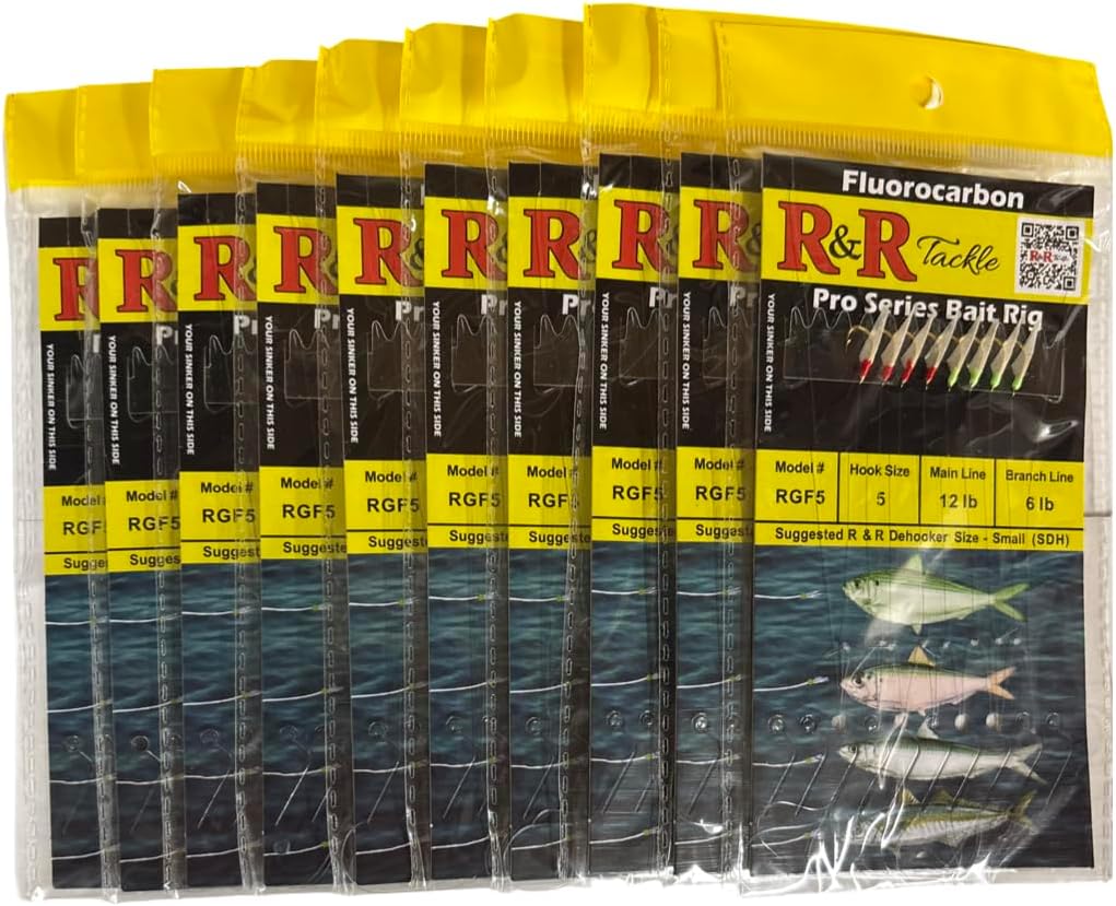 RGF5-10pk Fluorocarbon Pro Series Bait Rig – 8 Strong Size 5 Hooks, Lifelike Fish Skin, 4 Red & 4 Green Heads, 12 lb Main Line, 6 lb Branch Lines – Ideal for Pilchards, Herring & Sardines