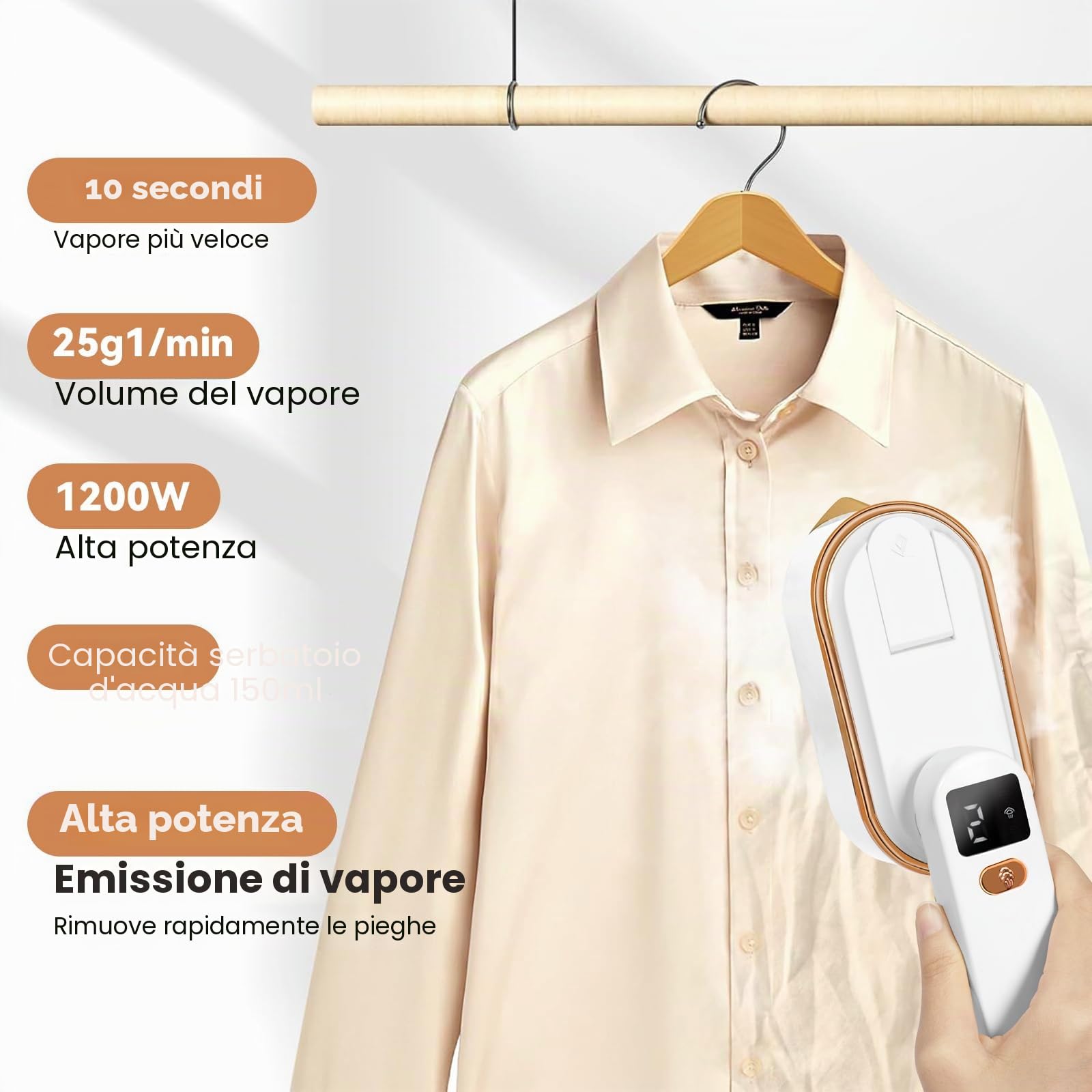 Ferro da Stiro a Vapore 1200W 2-in-1 Portatile, Serbatoio 150 ml, 3 Livelli di Vapore, Riscaldamento Rapido 10 Secondi