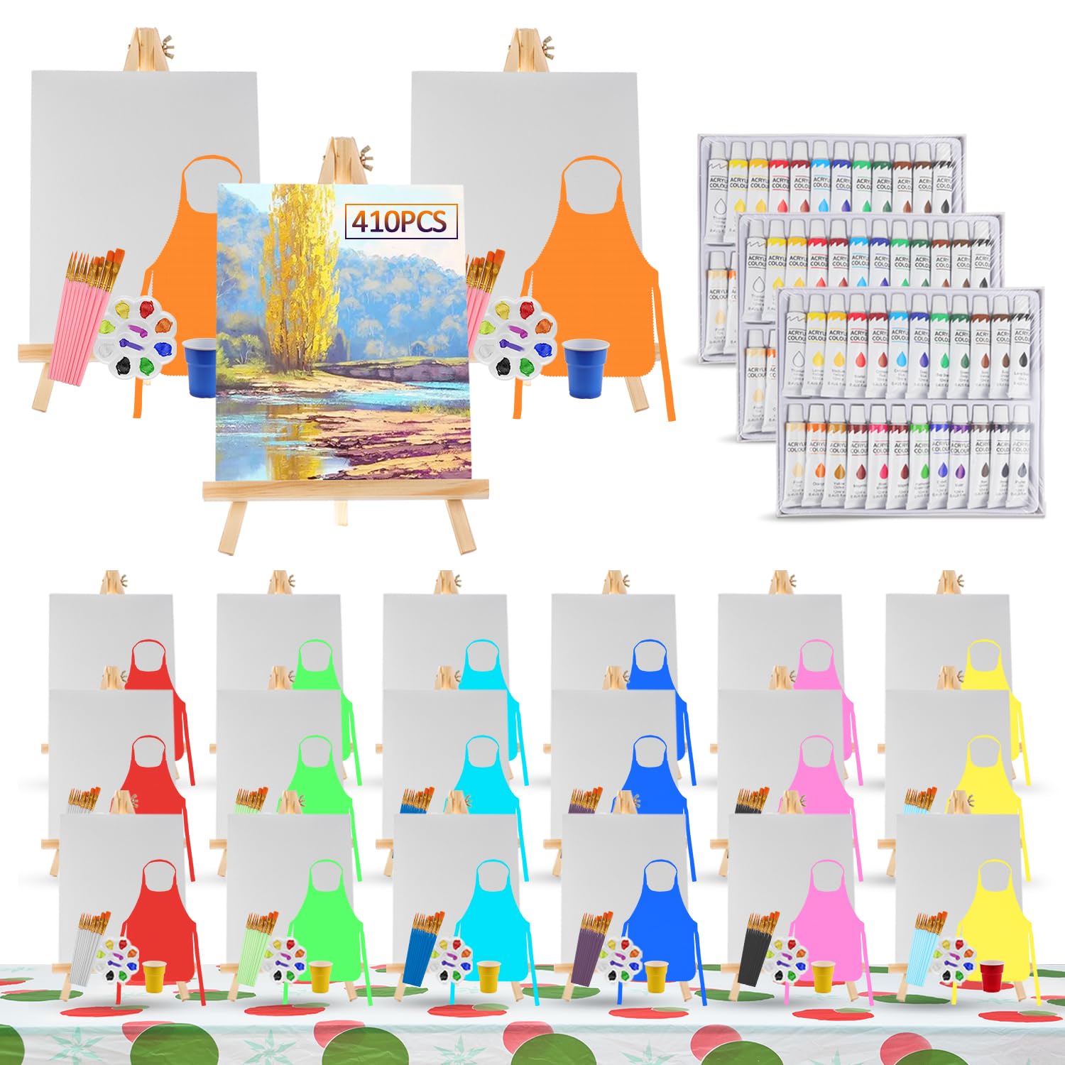 410 Pcs Art Painting Kit Supplies Set for Kids and Adults to Party - 210 Paint Brushes, 72 Acrylic Paints, 21 Wood Easels & Canvas Panels & Palettes & Aprons & Wash Pen Cup, 3 Plastic Tablecloth