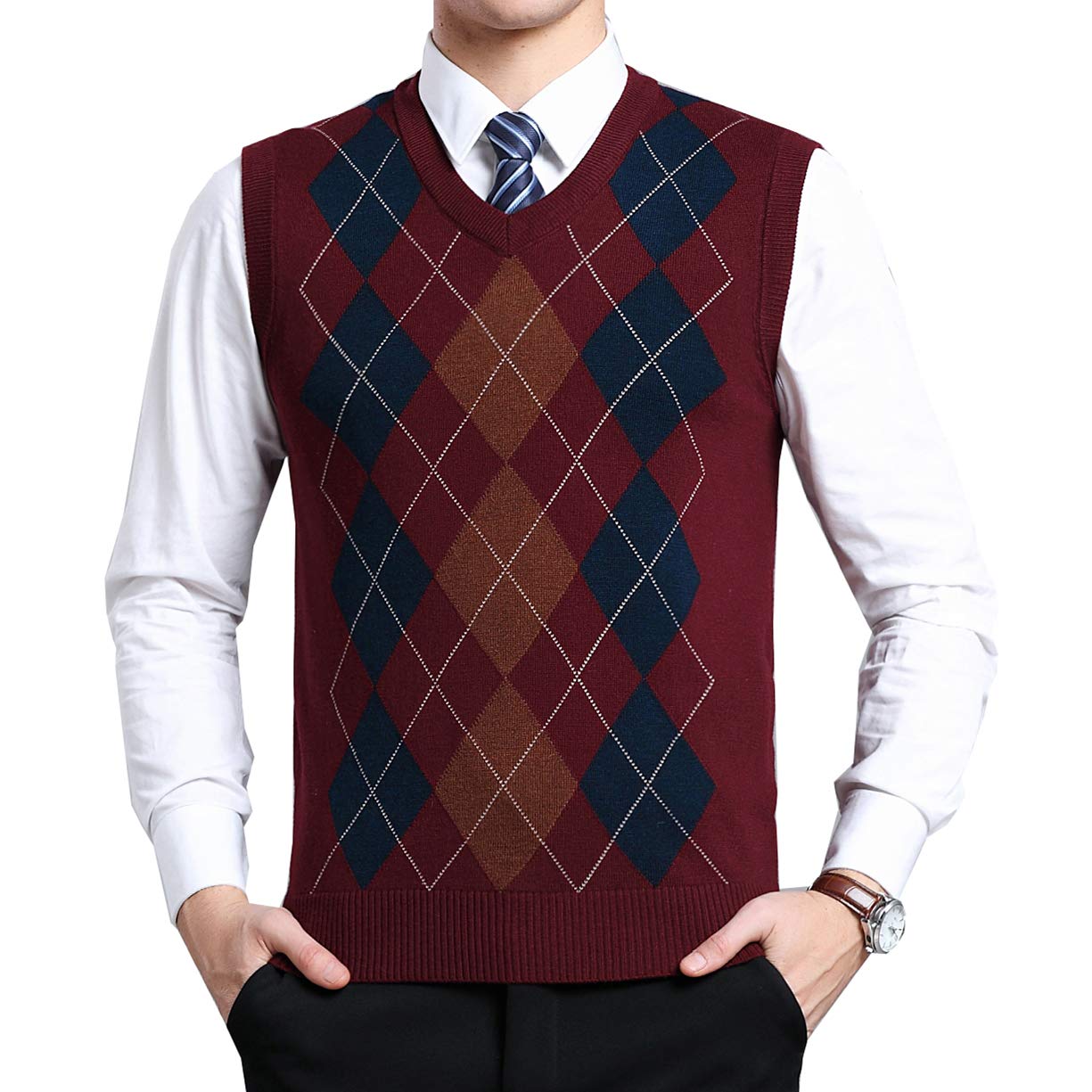 Biutimarden Boys Red Morenmens Classic V-Neck Vest Sleeveless Jumper Knitted Gilet Knitwear Sweater Tank Tops Knitted Waistcoat Slipover Plaid Decoration