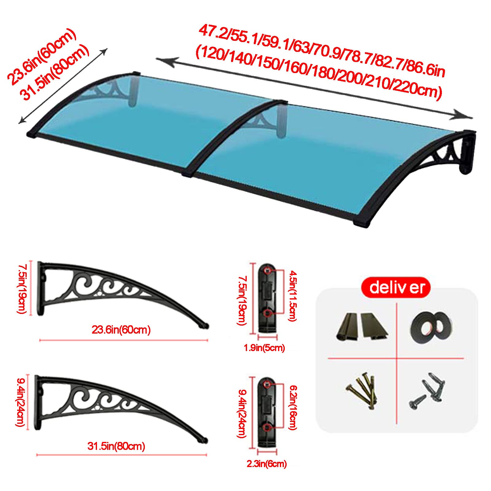 Markiza drzwi patio, zadaszenie drzwi, markiza okienna, zadaszenie tarasu, markiza z poliwęglanu, ochrona przed deszczem, śniegiem, łatwy montaż, 60 x 200 cm