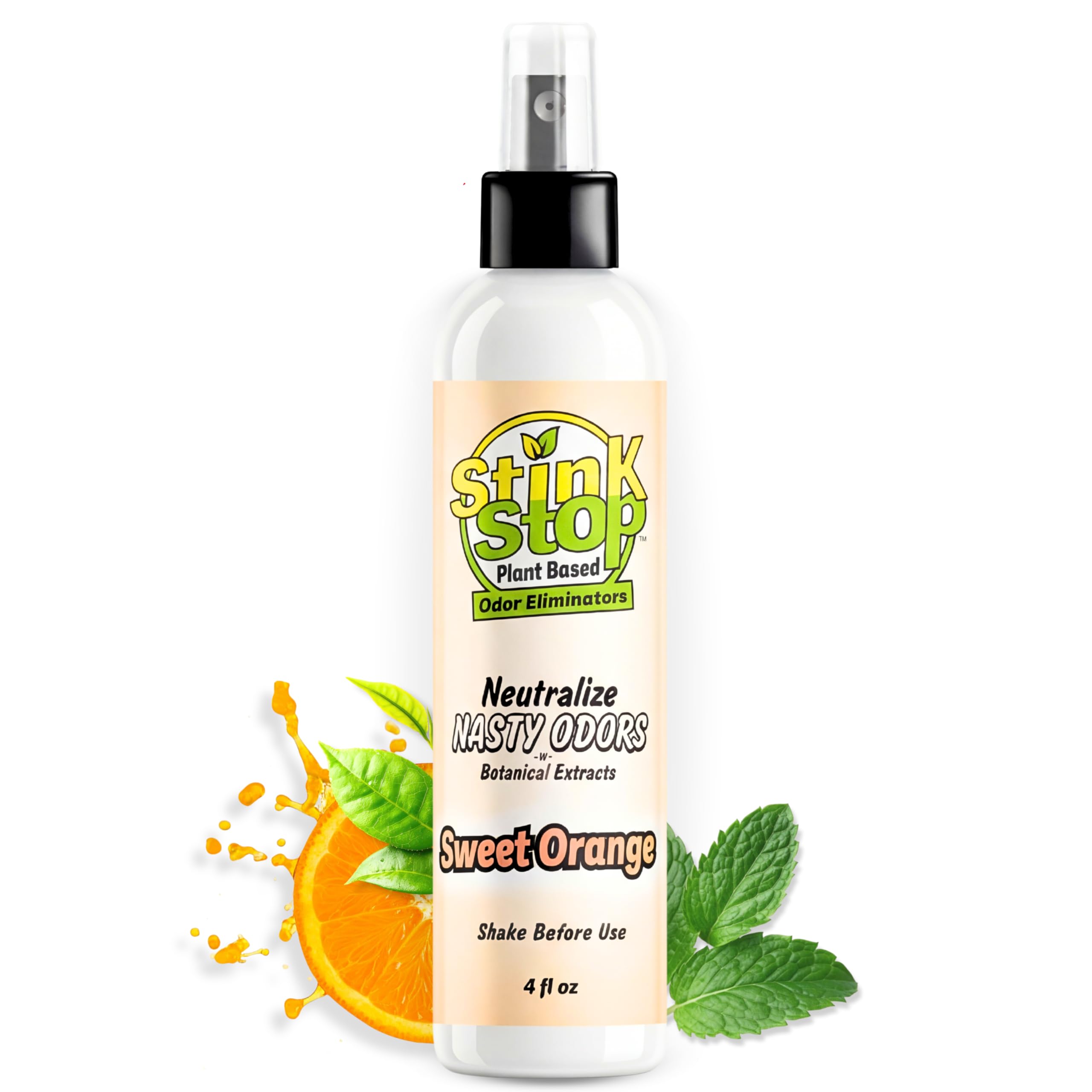 Plant-Based Odor Eliminator Spray: Multi-Use Natural Odor Neutralizer for Bathrooms, Trash Cans, Diaper Pails, Cars, Shoes, Pet Odors, Post Poop and Musty Rooms (4 fl oz, Sweet Orange)