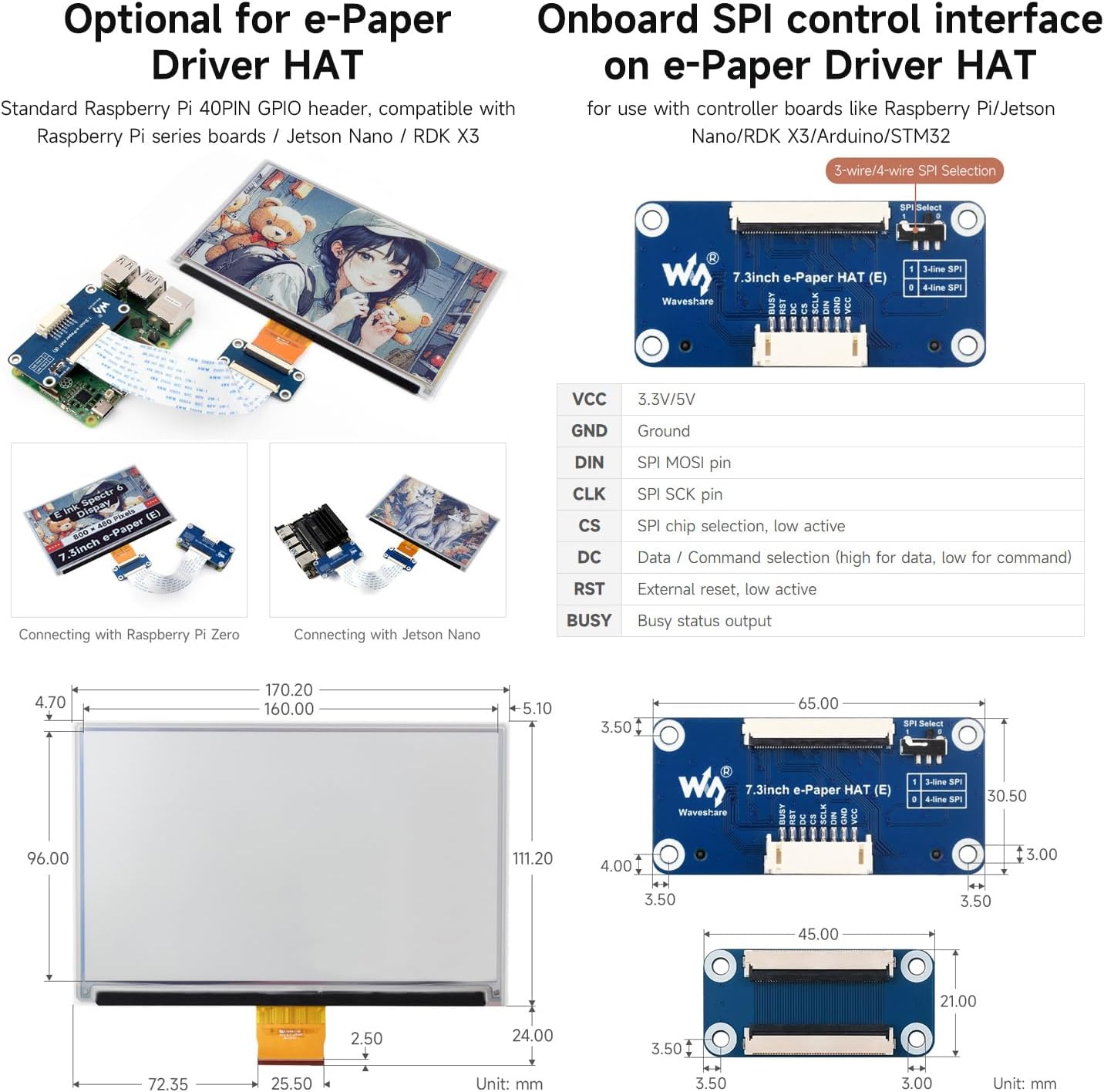 Waveshare 7.3inch 6-Color E-Paper Display Module, Compatible with Raspberry Pi 5/4B/3B/Zero/Zero W/Zero 2W/Pico/Pico W/Pico WH, Support Jetson Nano/Jetson Orin Nano
