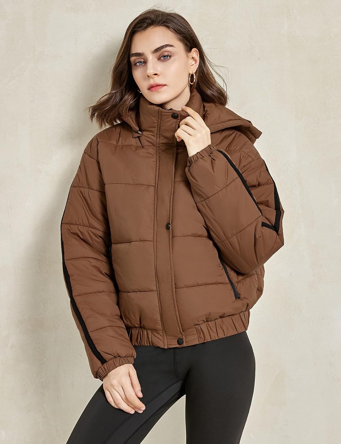 Gihuo Women's Cropped Puffer Jacket Hooded Zip Up Stand Collar Padded Coat Winter Quilted Jackets Outerwear(Brown-XL) - Image 5