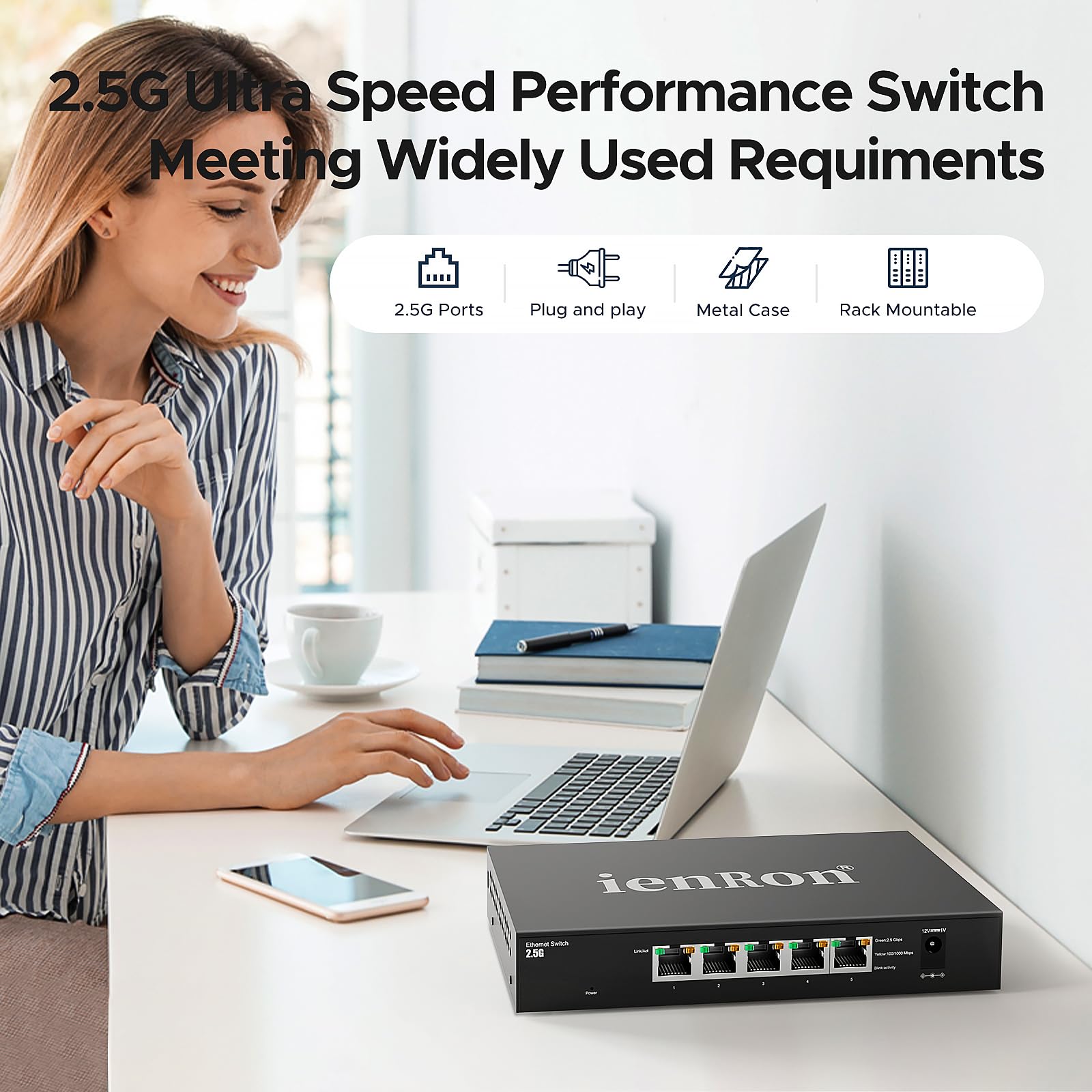 Switch Ethernet a 5 porte da 2,5 g, switch di rete multi-gigabit non gestito, switch da 2,5 GB per giochi, NAS, PC, laptop, Smart TV, Plug & Play, design senza ventole, splitter Ethernet (nero)