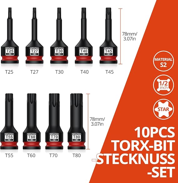 GETLITOOL 1/2 Inch Torx Bit Impact Wrench Nut Set 10-Piece S2 Steel Bit Insert Set T25 - T80 Length 78 mm Socket Set for Torx Screws