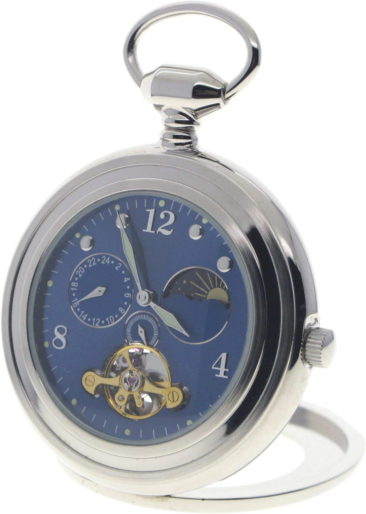 Tourbillon Mechanical Pocket Watch Skeleton Sun & Moon Silver Open Face Luminous Hands P299