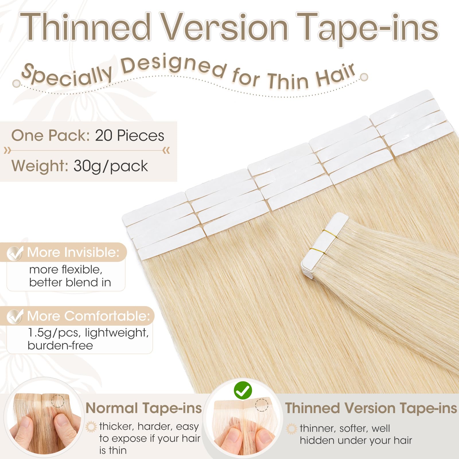 Elailite Tape in Hair Extensions Real Human Hair 20 Pcs 30g Invisible Thin Type - Image 2