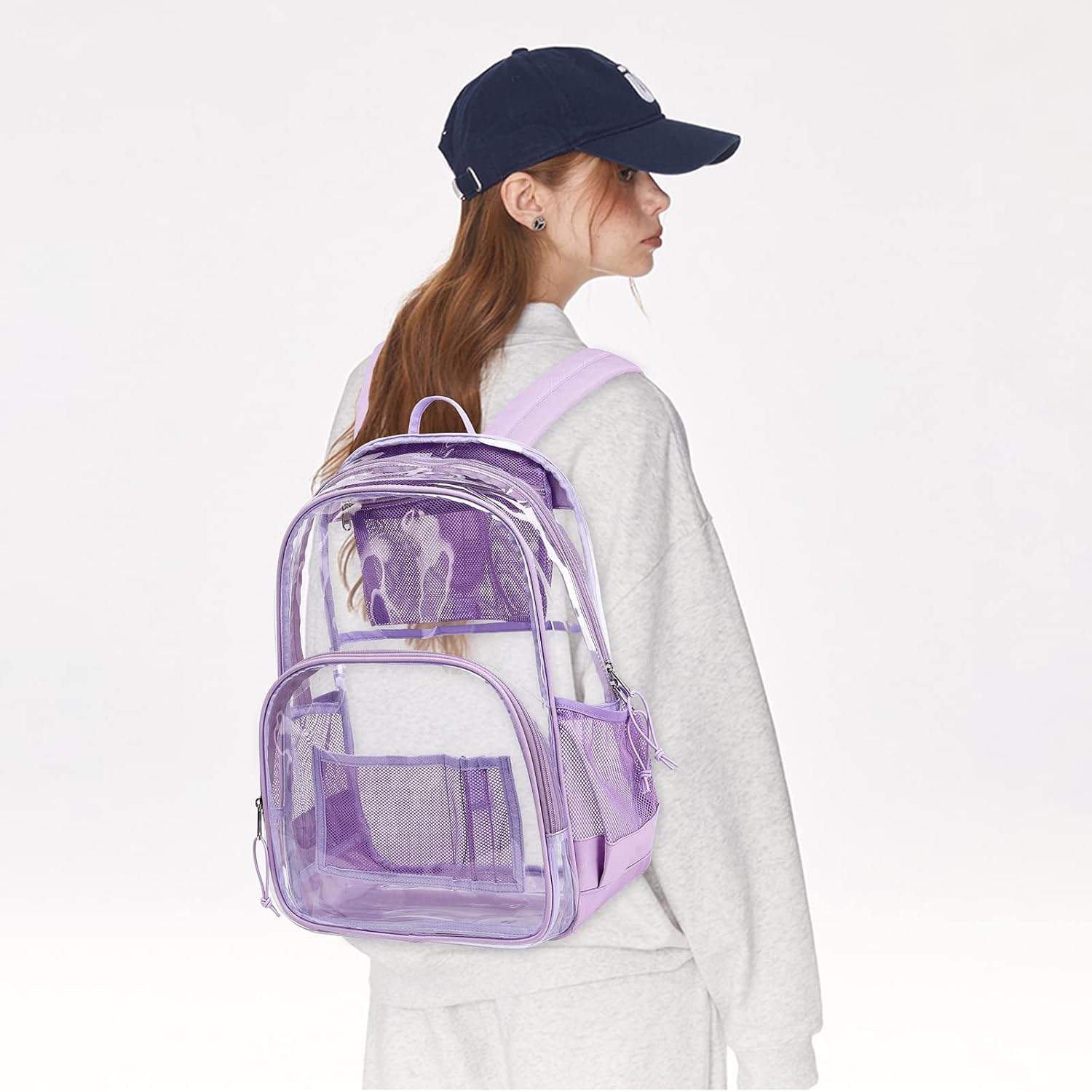 MIRLEWAIY Clear Backpack Large Bookbag See Through Heavy Duty Travel School Backpack for Boys Girls Stadium Security Check, Purple - Image 4