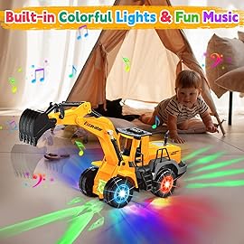 Car Toys for Toddlers, Excavator Toy with 2 Flashing Lights Music, Fun Toy Trucks Construction Vehicle with 1 Moving Arm, Baby Toys for 3 4 5 6 Year Old Boys Girls, Kids Christmas Birthday Gifts