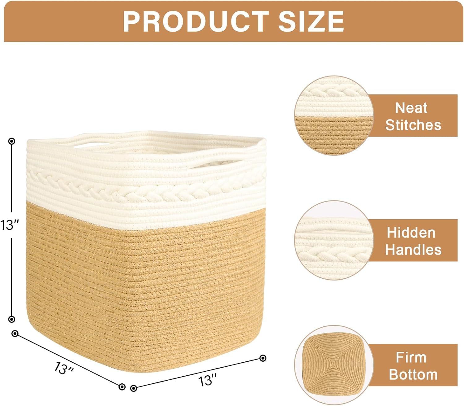 danpinera 3-Pack Cube Storage Bins, 13"x13" Cotton Rope Woven Baskets for Organizing, Square Storage Baskets for Shelves, Books, Towels, Clothes, Toys, White & Khaki