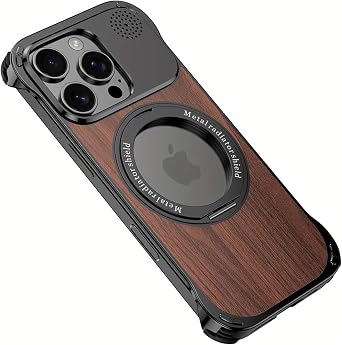 Case for iPhone 16 Pro Max/16 Pro/16, Aluminum Metal Frameless Wood Back Slim Fit Case with 360 Rotating Kickstand, Compatible with MagSafe Black, 16 Pro Max