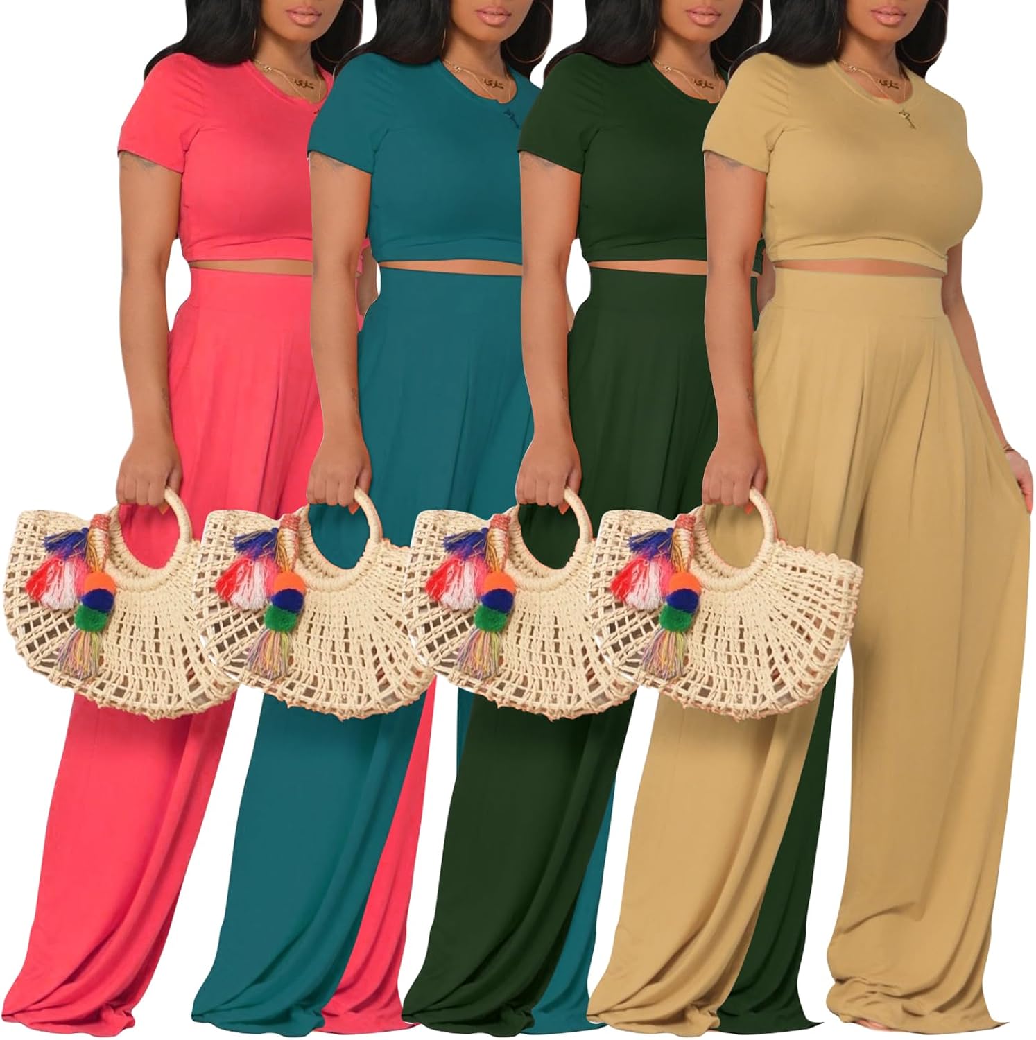 YouSexy Casual Summer 2 Piece Outfits for Women Short Sleeve Crop Top High Waist Wide Leg Pants Sets