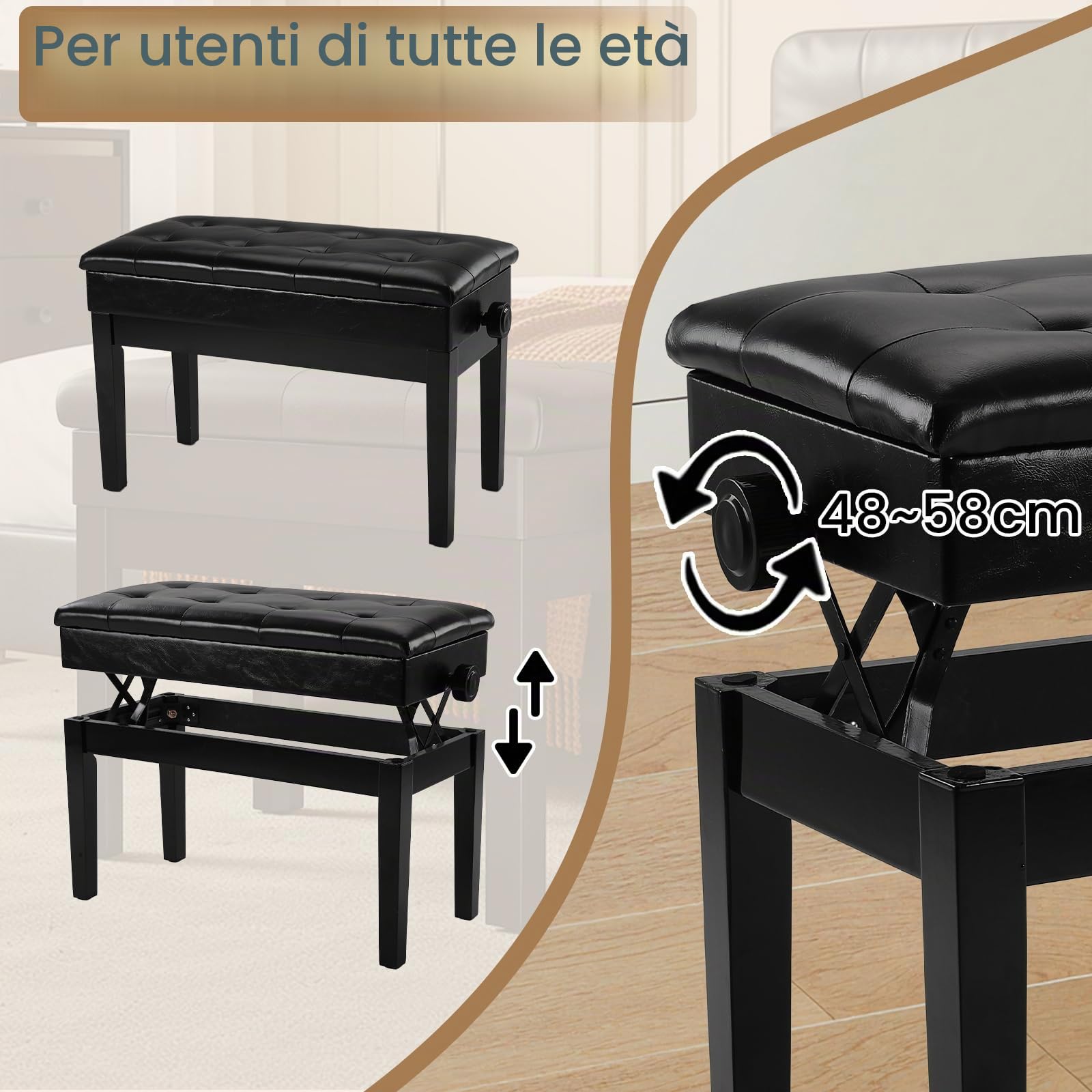 Clevich Sgabello per Pianoforte, Regolabile in Altezza, Panca Pianoforte con Cuscino in Pelle PU, Sedia per Pianoforte Heavy Duty, Portata Fino a 200 KG, Nero