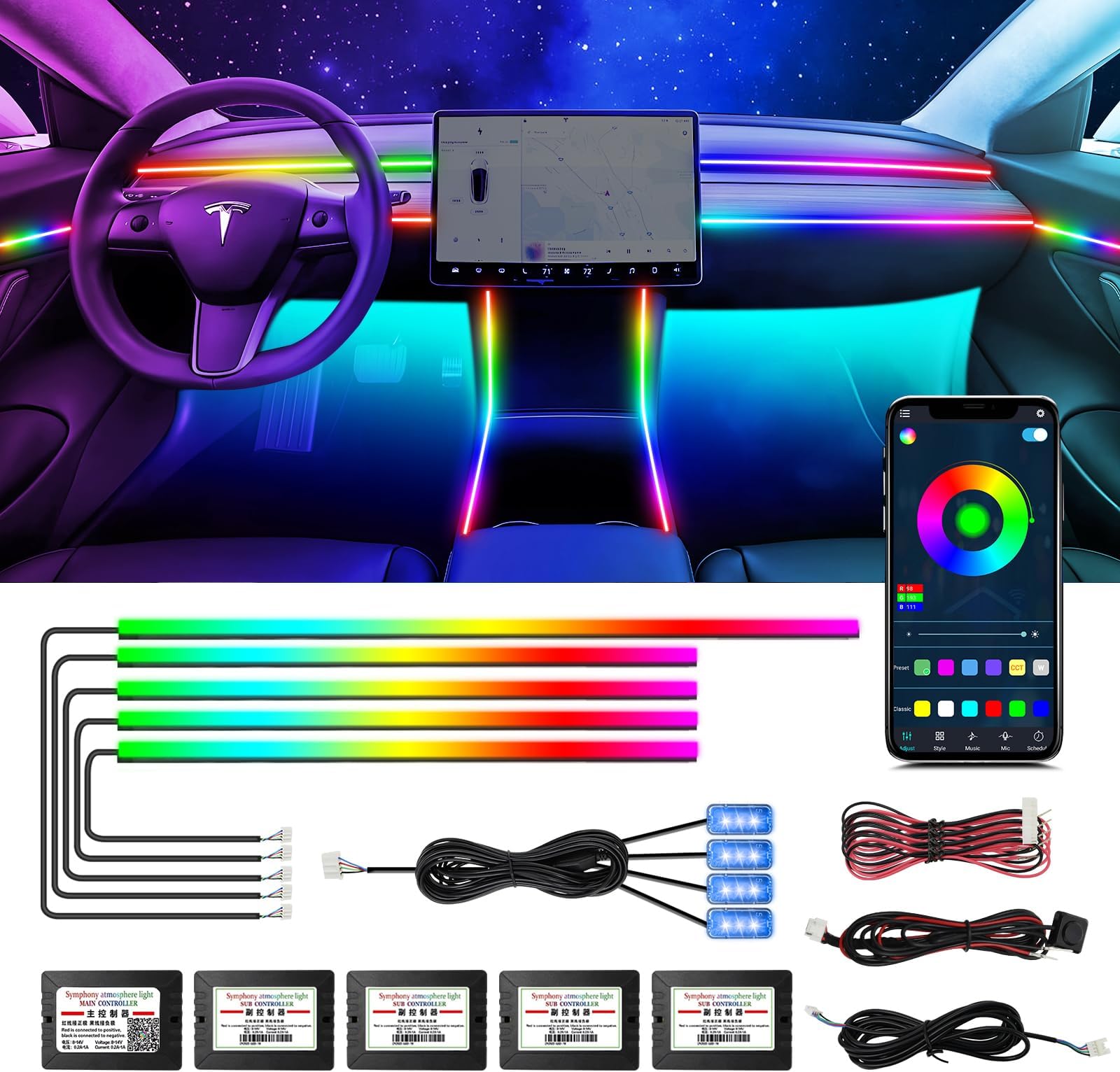 Tesla Dreamcolor Interior Car Lights, WEBUPAR Tesla Car Accessories 9 in 1 Car LED Strip Lights with APP Control and 213 Modes, 175 inches 593 LEDs Acrylic Fiber Optic Lights, RGB Neon Car Lighting