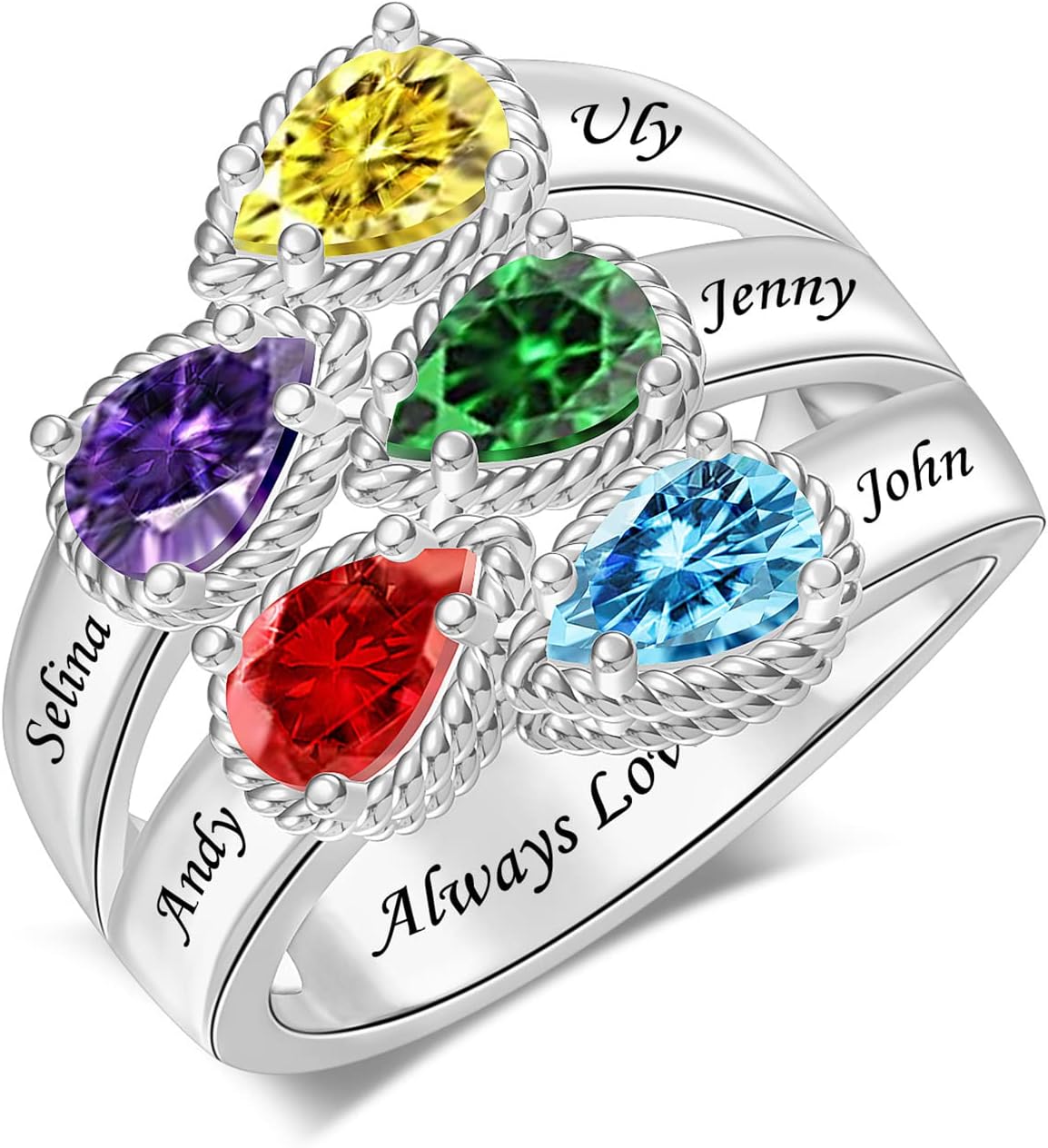 MissNaNa Personalized Mothers Ring with 2-5 Pear Birthstones Sterling Silver Family Rings with Birthstones Ring for Mom Custom Rings