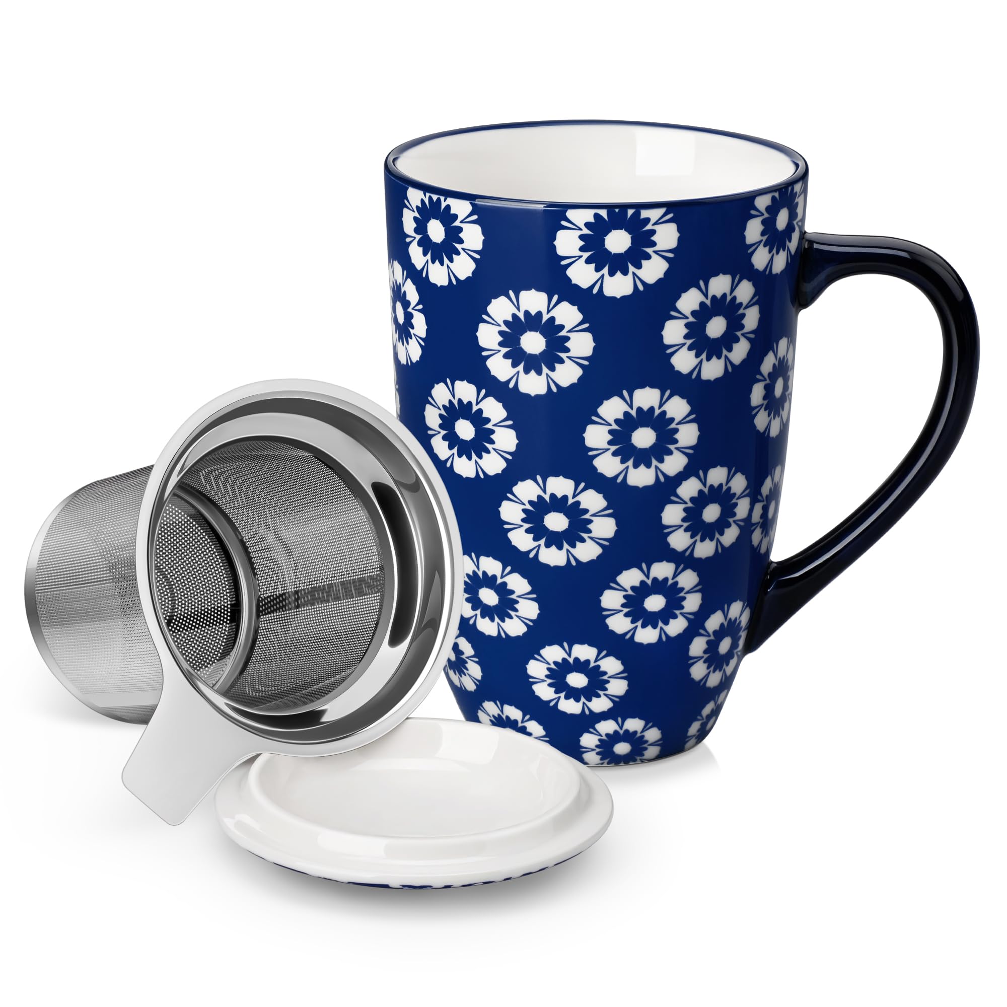 vancasso Selene 540 ml Ceramic Tea Mug with Removable Infuser and Lid, Vintage Blue-and-White Loose Leaf Cup, Microwave & Dishwasher Safe, Perfect for Tea, Coffee, Daisy Cluster