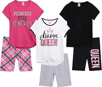 Real Love Girls' Active Shorts Set - 6 Piece Fashion T-Shirts and Performance Bike Shorts - Summer Outfit for Girls (7-16)