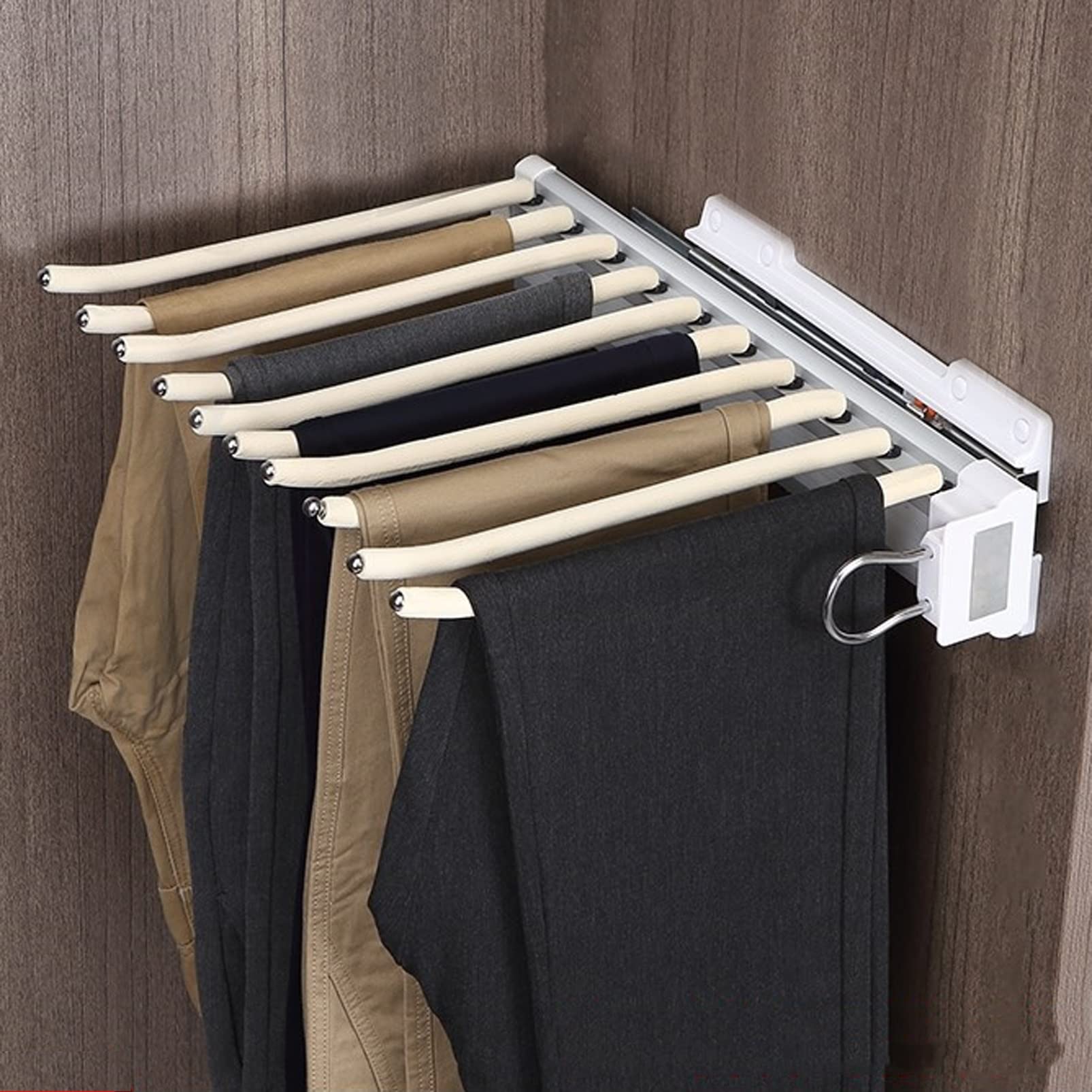 Organiseur de pantalons beige coulissant en acier anti-pli pour placard