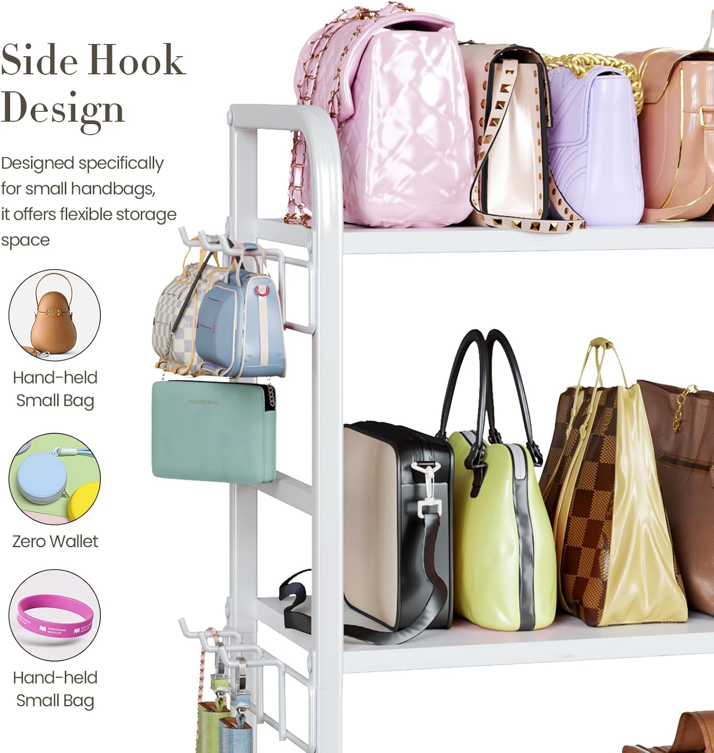 Purse Organizer for Closet, with Bottom Drawer, Extra Large Capacity 3 Tier Handbag Storage Rack for Women, 10 Purse Hanger and Hooks for Bag Organizer, Floor-Standing, Home, Living Room (White) - Image 4