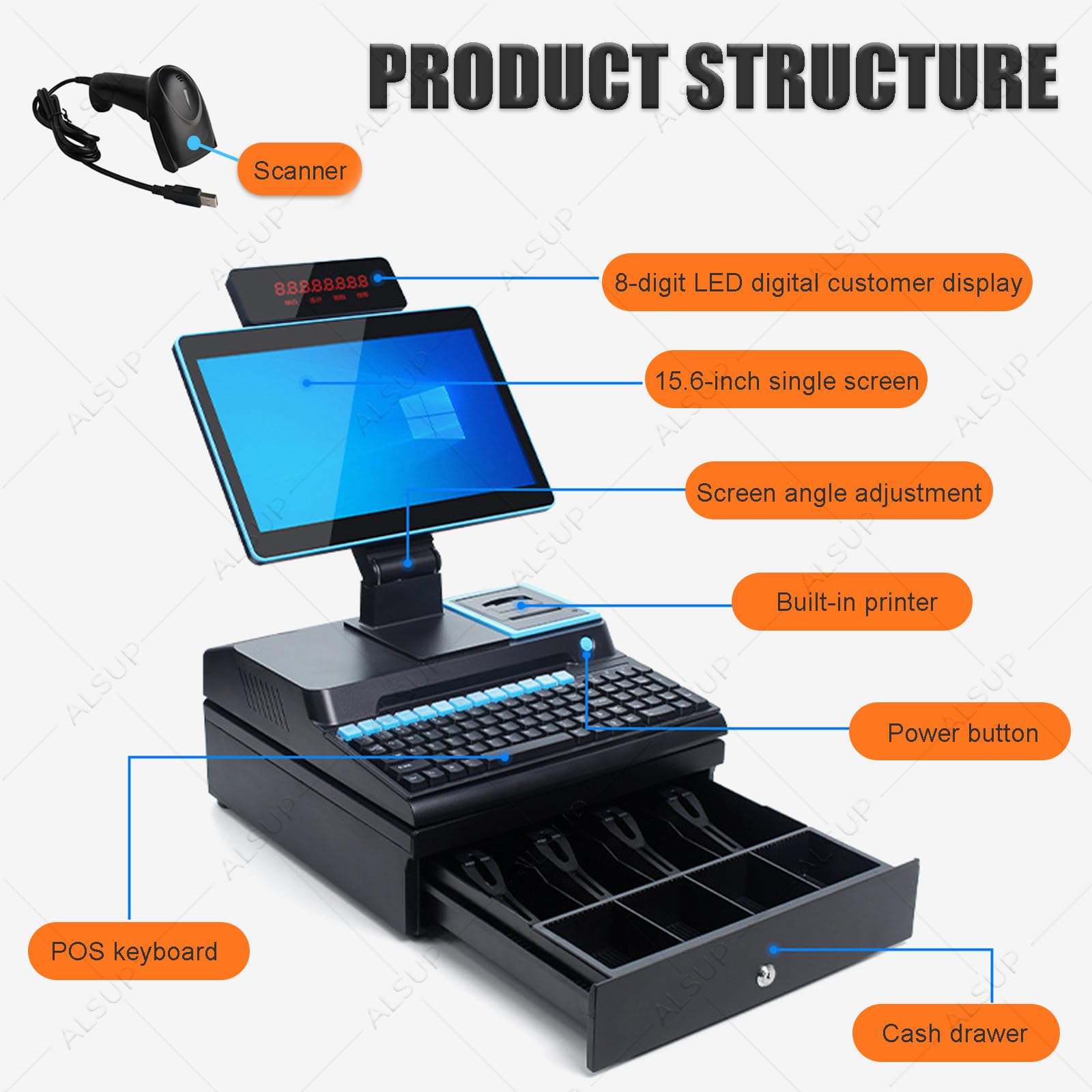 Terminal TPV para Comercio Minorista, Caja Registradora Todo en Uno con Pantalla Táctil, Cajón Portamonedas, Impresora 58mm y Escáner de Código de Barras Orange-8+256GB
