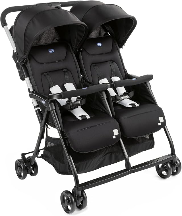Chicco OHlalà Twin Passeggino Gemellare Doppio da 0 Mesi a 15 kg, Passeggino Leggero Reclinabile e Pieghevole, Chiusura Compatta, Poggiagambe Regolabili, Parapioggia e Capottina Estendibile, Nero