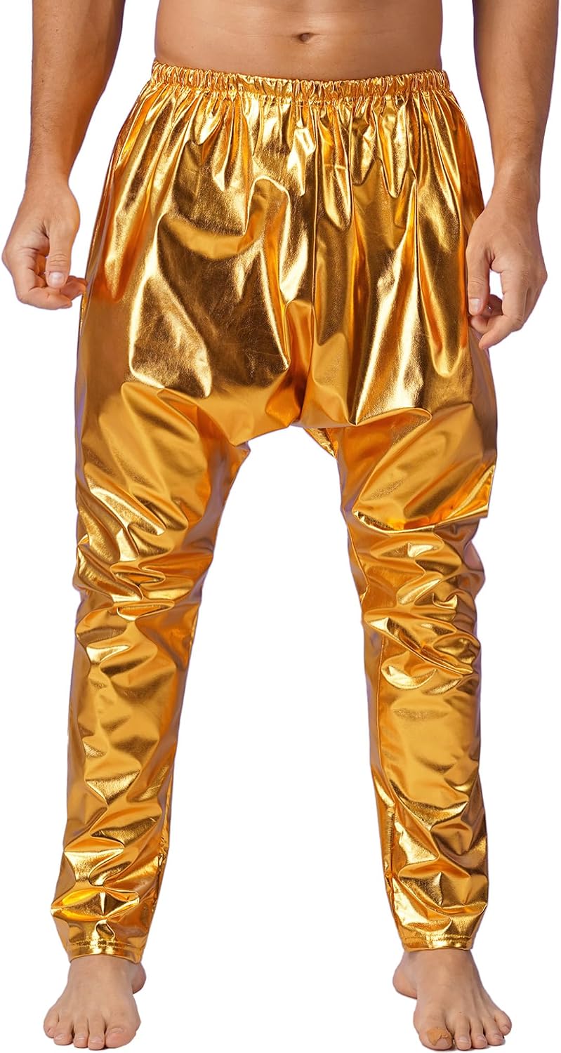 Lejafay Men's Metallic Skinny Harem Pants Leggings Shiny Rave Nightclub Dance Party Tights Trousers