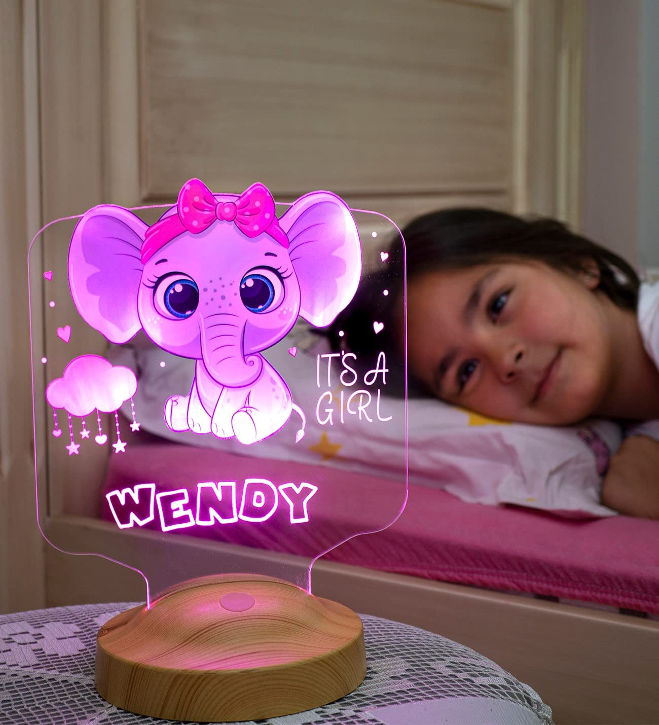 Sevgilambası Kız Çocuğa Hediye Fil Figürlü Hediyelik Kişiye Özel Tatlı Fil 3d Led Lamba