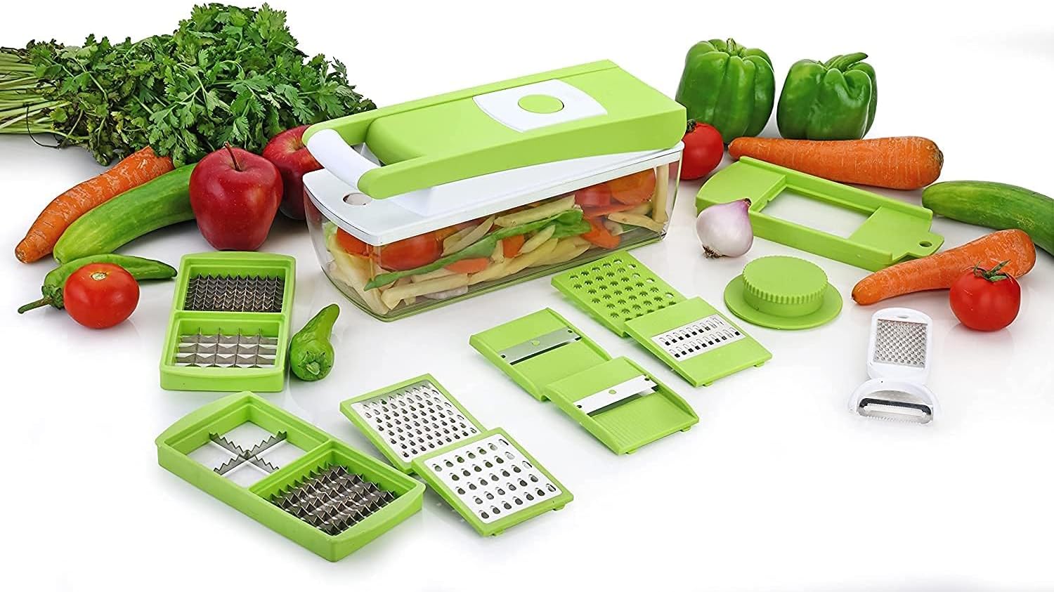 14 in 1 Multipurpose Vegetable & Fruit Chopper Oon Cutter Slicer Grater & Dicer with Stainless Steel Blades Anti Slip Base Easy to Use