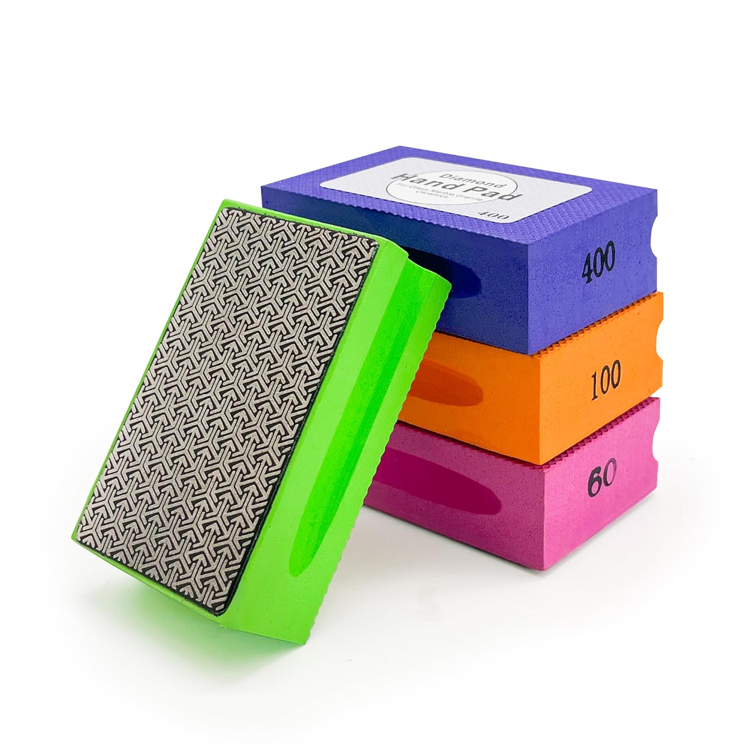 Diamond Hand Polishing Pads, 4PCS Diamond Sanding Pads with Foam Backing 60/100/200/400 Grit,Sanding Block for Glass Wood Ceramic Marble Metal Tile Tools(Wet&Dry (4pcs)