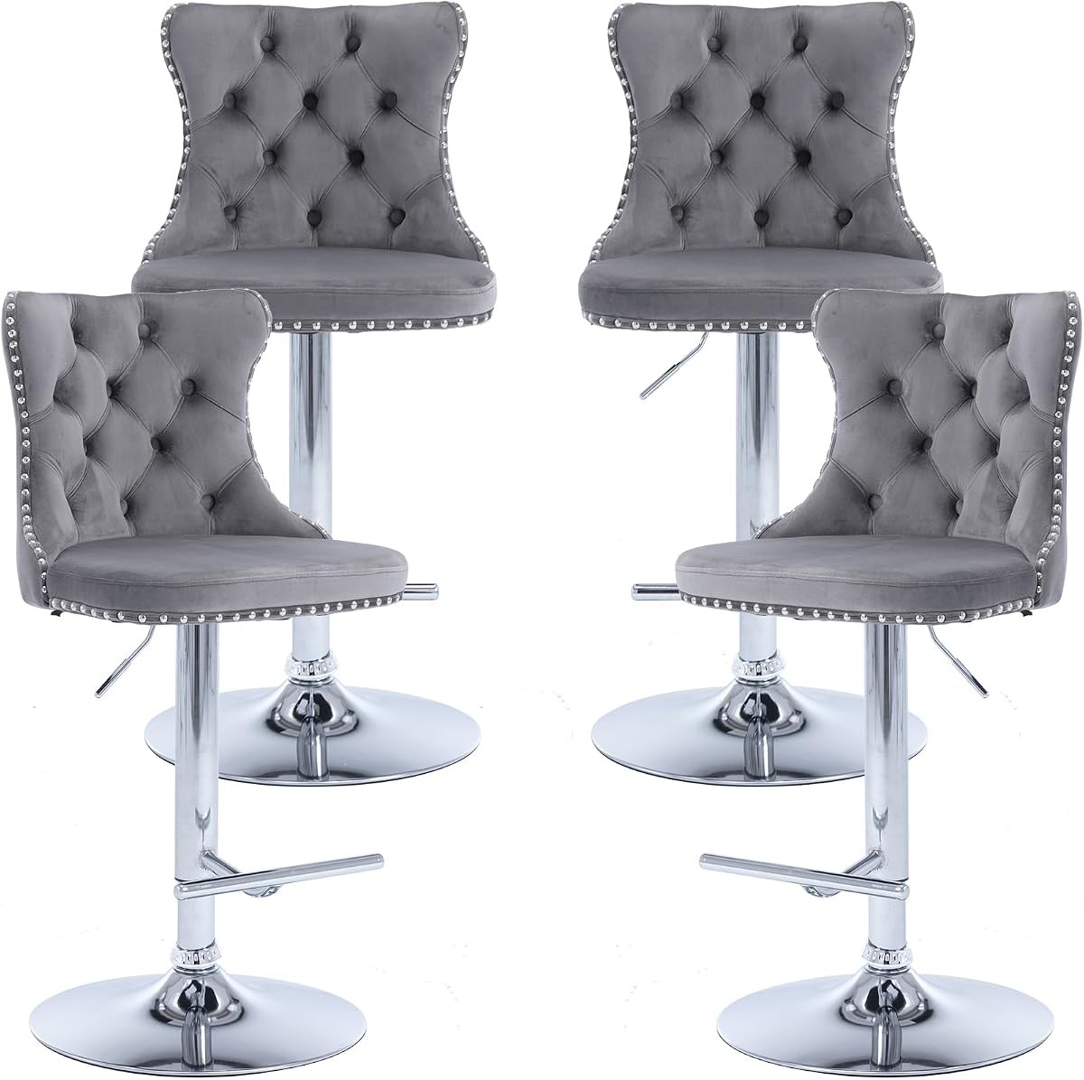 Swivel Counter Height Bar Stools Set of 4, Gray Kitchen Island Barstools, Velvet Adjustable Bar Height Stool Chairs, Tufted Back, Silver Chrome Metal Base (Grey, Velvet, 4 Pcs)