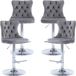 Swivel Counter Height Bar Stools Set of 4, Gray Kitchen Island Barstools, Velvet Adjustable Bar Height Stool Chairs, Tufted Back, Silver Chrome Metal Base (Grey, Velvet, 4 Pcs)