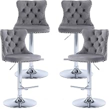 Swivel Counter Height Bar Stools Set of 4, Gray Kitchen Island Barstools, Velvet Adjustable Bar Height Stool Chairs, Tufted Back, Silver Chrome Metal Base Grey, Velvet, 4 Pcs