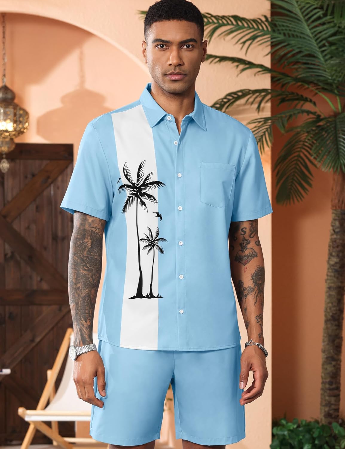 LecGee Men's Hawaiian Shirts Sets Button Down Coconut Tree Hawaiian Shirt Shorts 2 Piece Hawaiian Outfits - Image 3