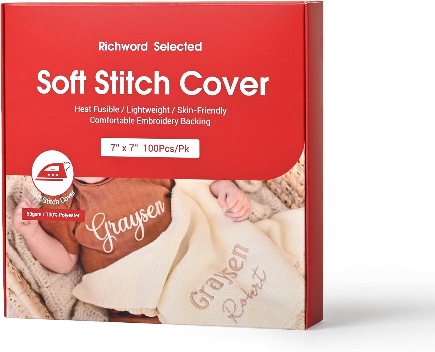 Poolin Richword Selected Soft Stitch Cover – 7" x 7" (100pcs) Heat Fusible, Skin-Friendly, Lightweight Embroidery Backing Stabilizer