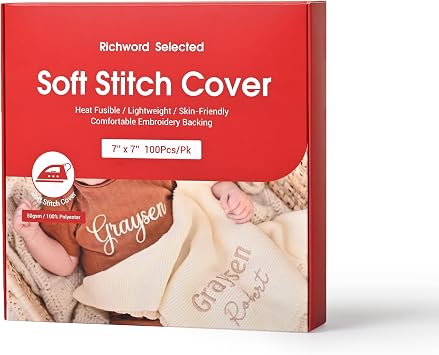 Poolin Richword Selected Soft Stitch Cover 7" x 7" 100pcs Heat Fusible, Skin-Friendly, Lightweight Embroidery Backing Stabilizer